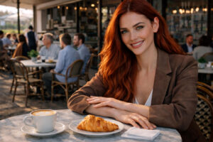 Donna mediterranea con capelli rossi colorati, luminosi e stratificati, seduta in un caffè all’aperto sotto luce naturale.